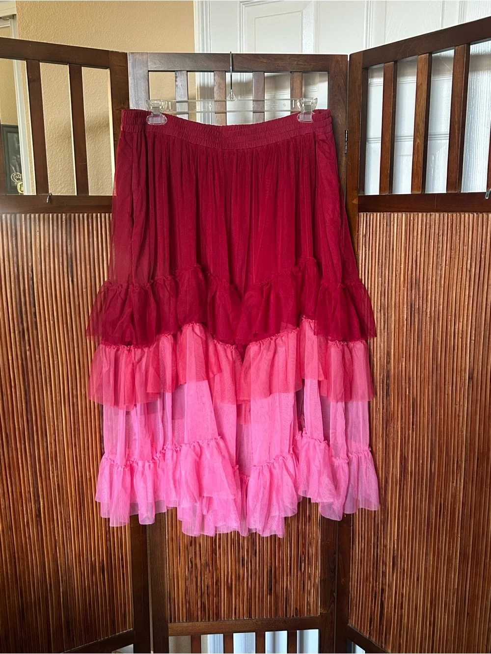 A-line skirt with ruffle tiers in burgundy and pink with elastic waist band. - Picture 9 of 12